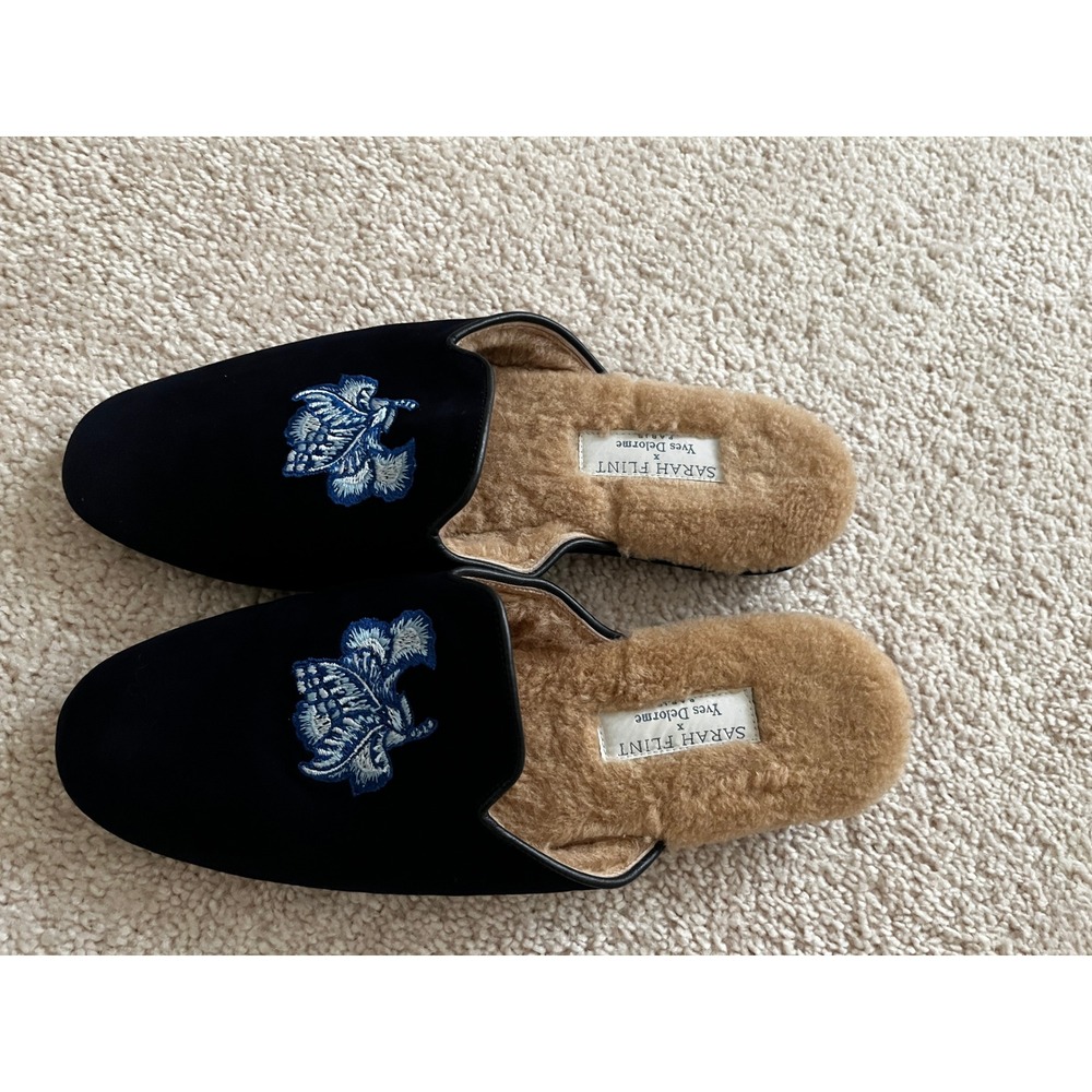 NWOB Sarah Flint X Yves Delorme House Slipper Navy Blue Embroidered 10 10.5 Mule